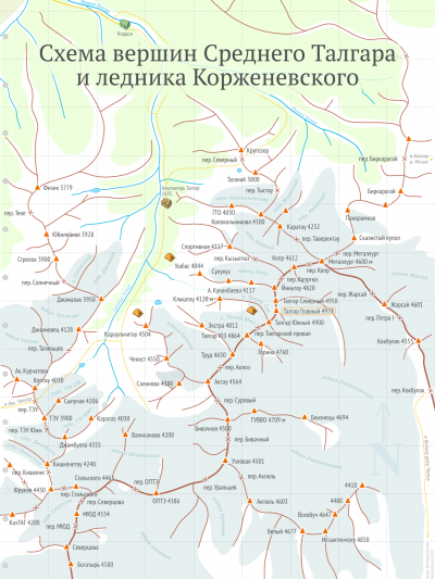 Схема Среднего и Правого Талгара и ледника Корженевского
